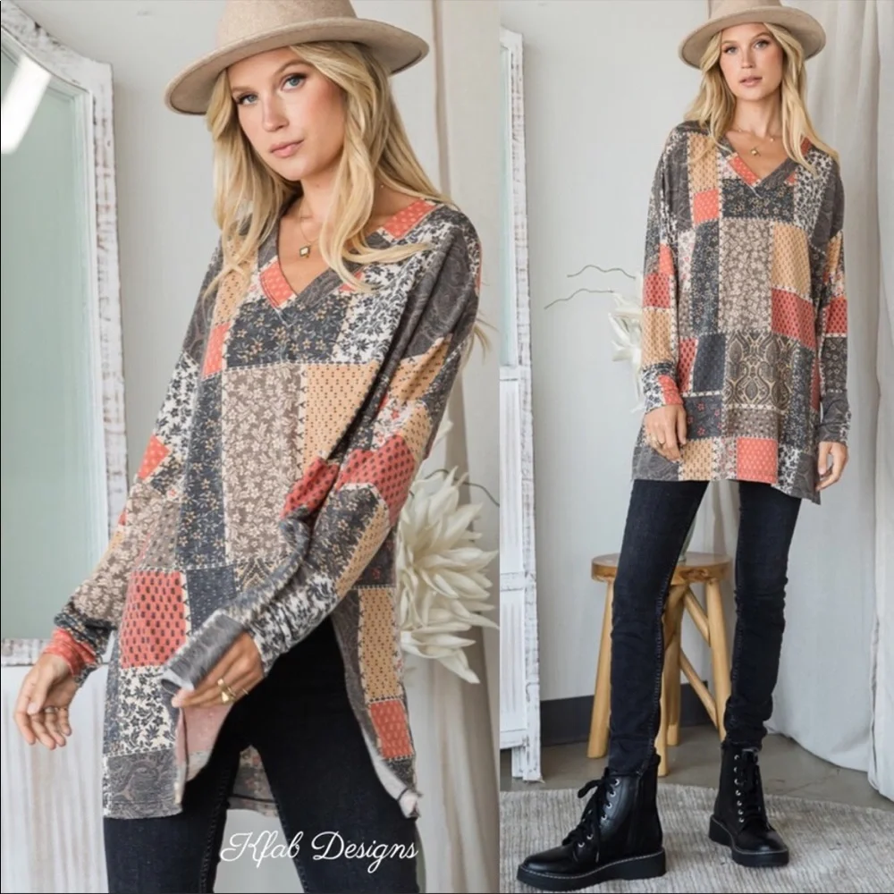 LAST 2! V Neck Patchwork Relaxed Fit Side Slit Detail Top! - Picture 8 of 8